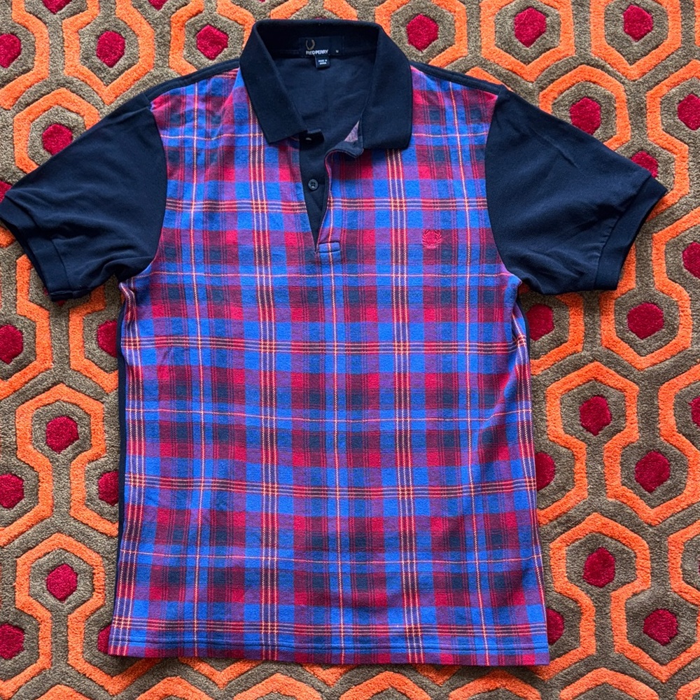 MAKE OFFER! Fred Perry Red & Blue Plaid Polo Shirt tartan Men's Med